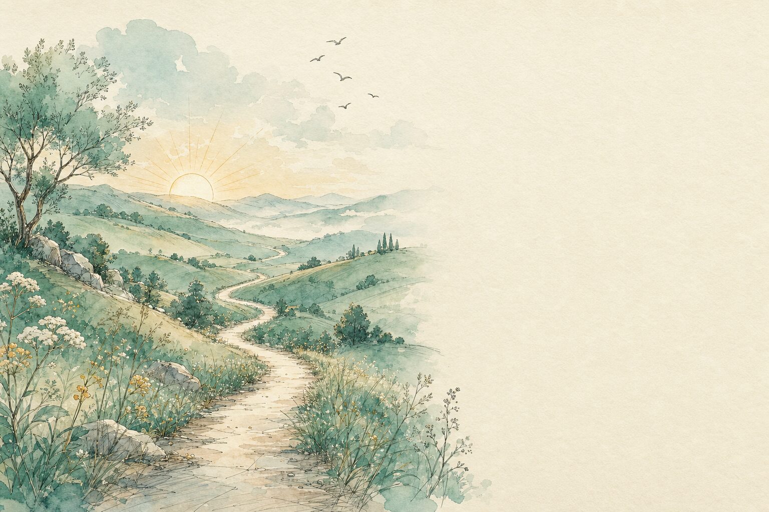 Watercolor of a winding path through green hills toward a rising sun